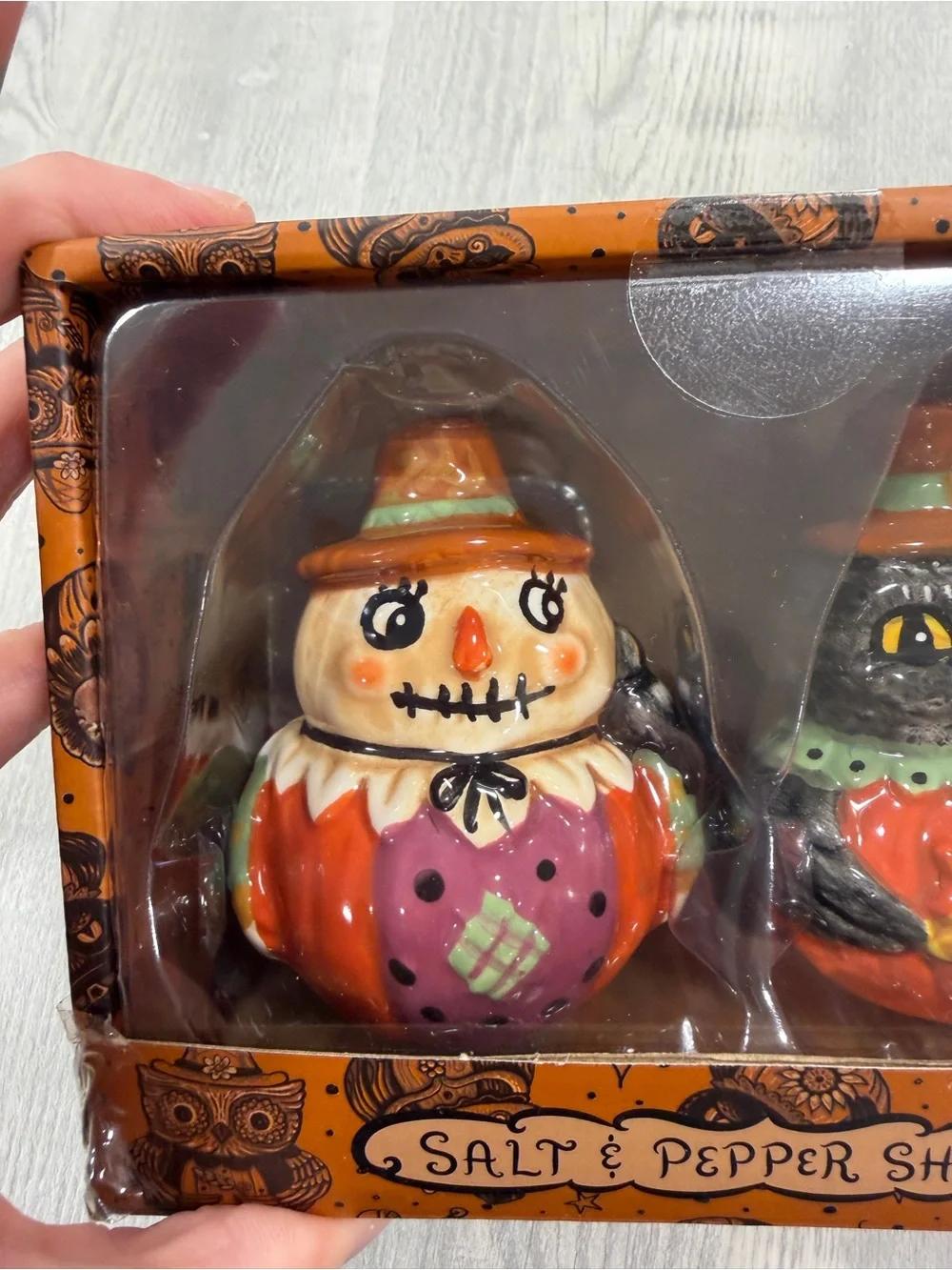 Fall Johanna Parker Thanksgiving Owl Scarecrow Pilgrim Salt & Pepper Shakers Set